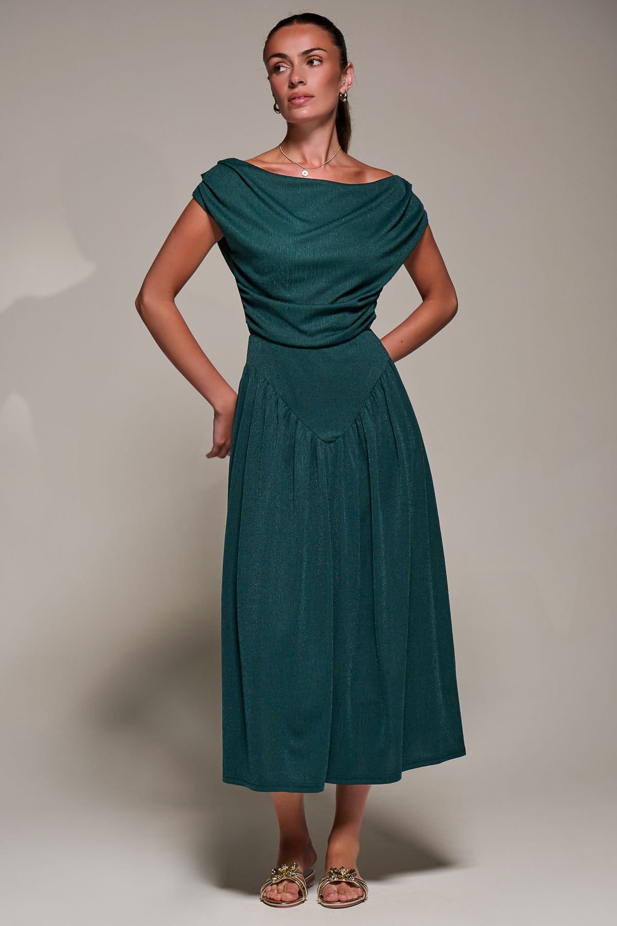 Jolie Moi Jolie Moi Women's Asymmetric Neckline Midaxi Dress in Dark Green - 4