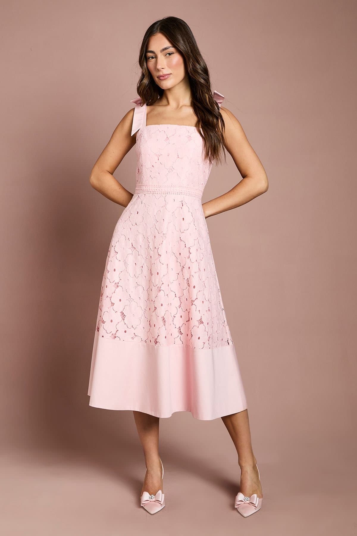 Coast Coast Women's Bow Shoulder Floral Lace Midi Dress in Blush