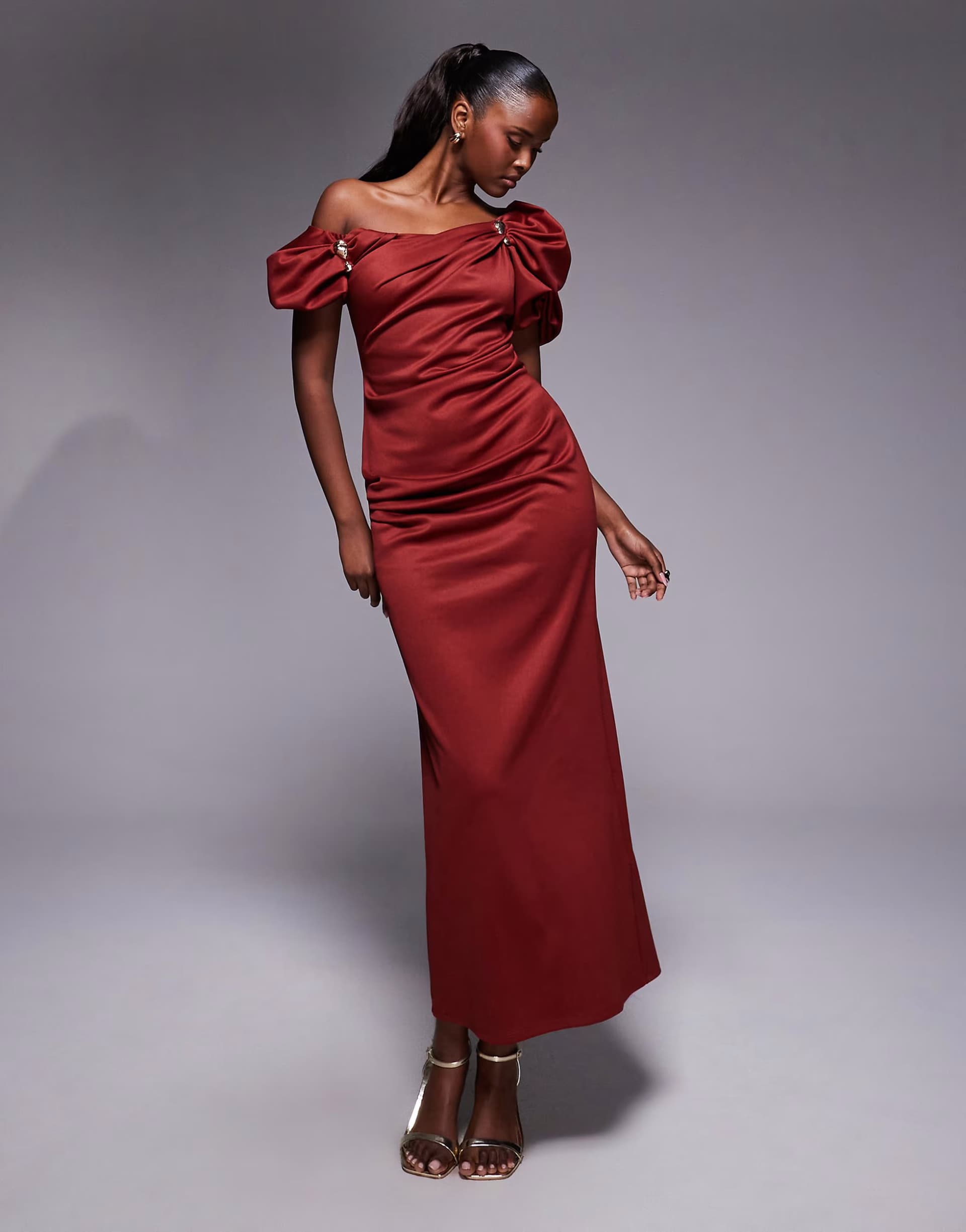 ASOS ASOS DESIGN trim detail fallen shoulder puff sleeve structured midi dress in rust