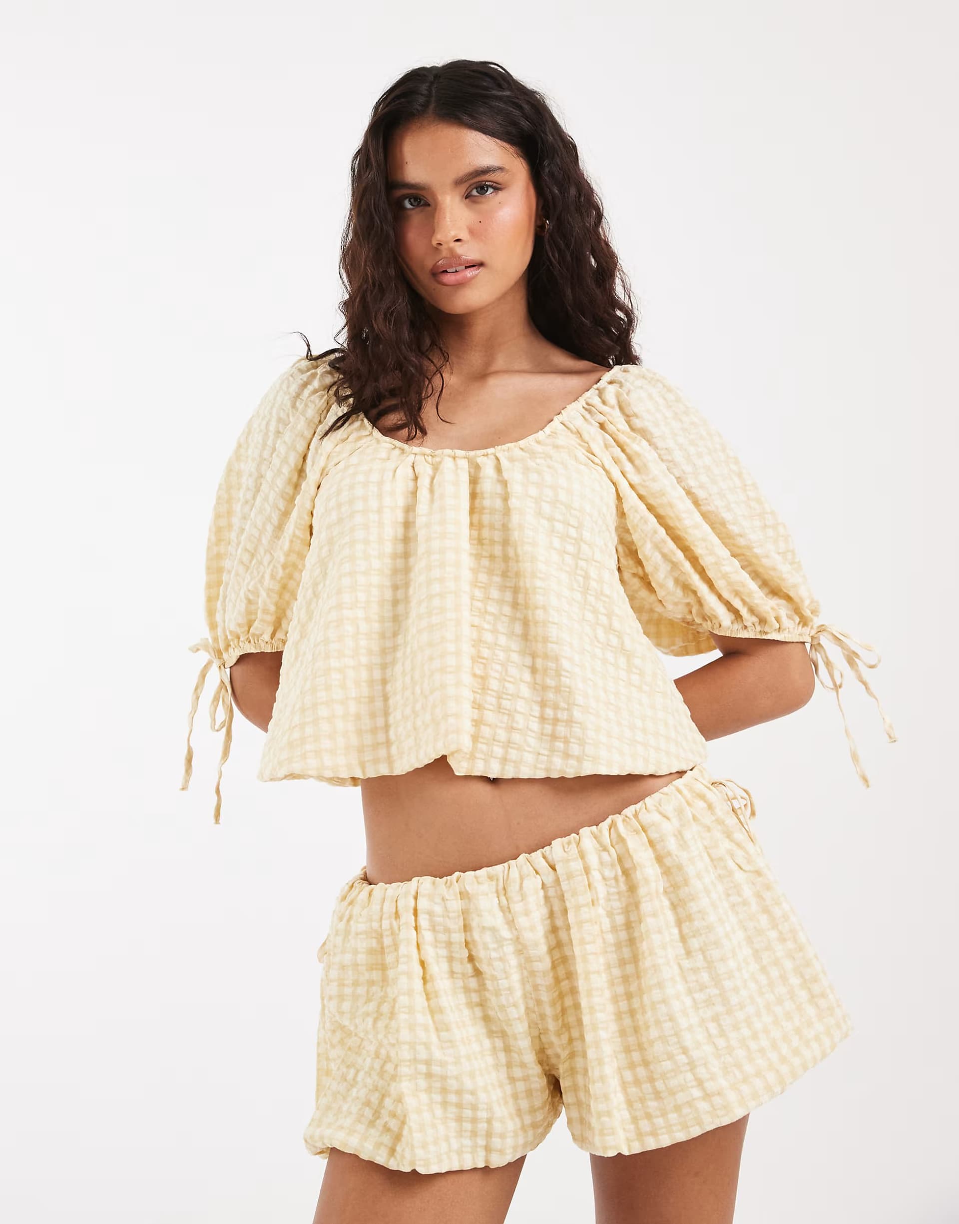ASOS ASOS DESIGN puff sleeve bubble top co ord in cream gingham