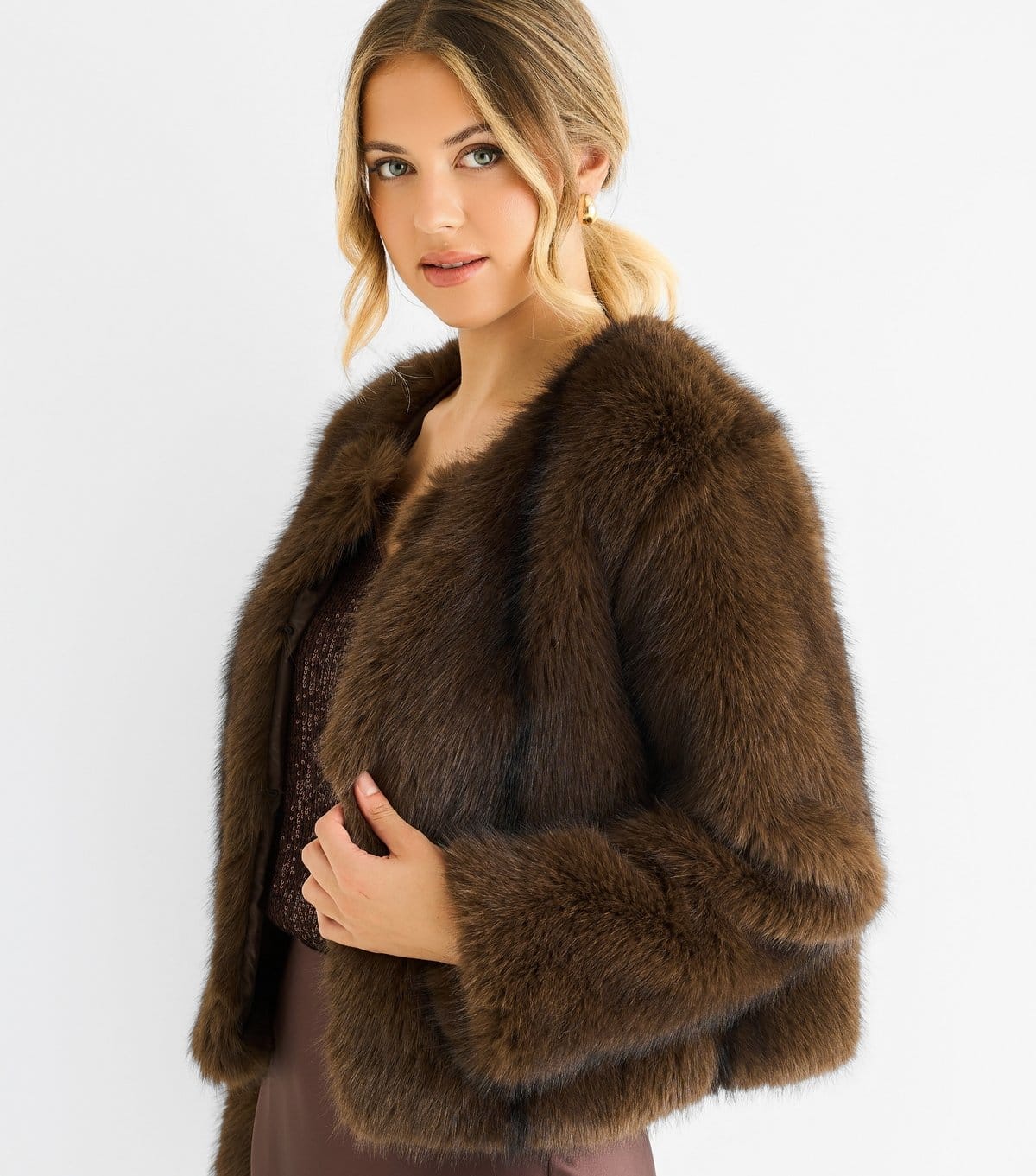 Gini London Women's Brown Faux Fur Cropped Jacket Gini London New Look - 4