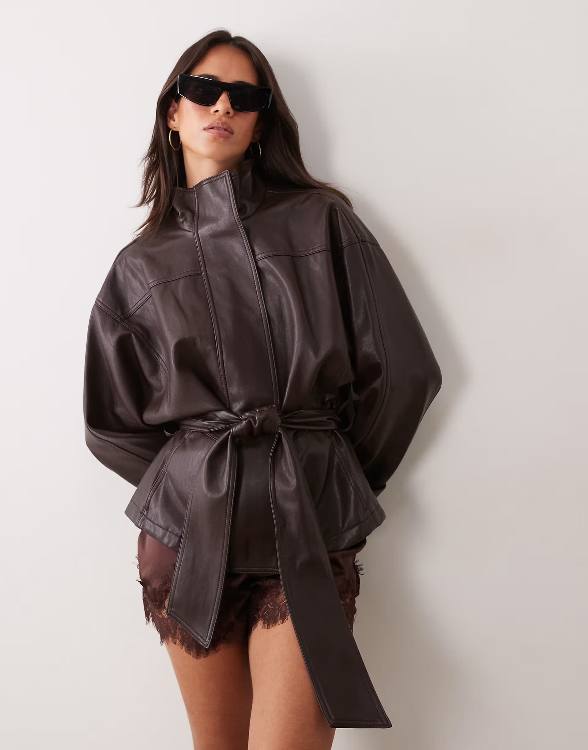 ASOS Mango faux leather tie waist jacket in brown
