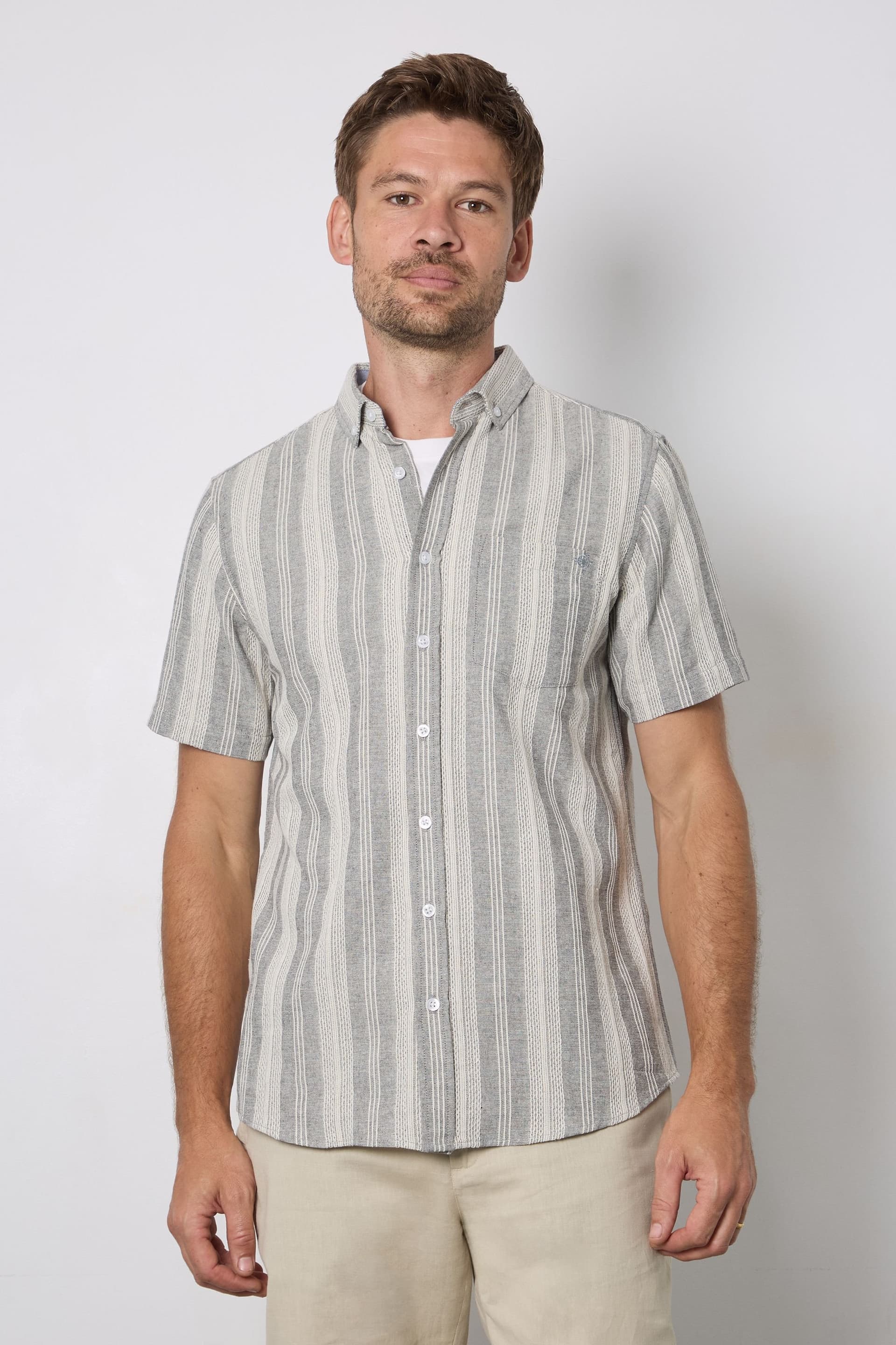 Maine Maine Men's Light Blue Textured Stripes Short Sleeve Button Down Shirt