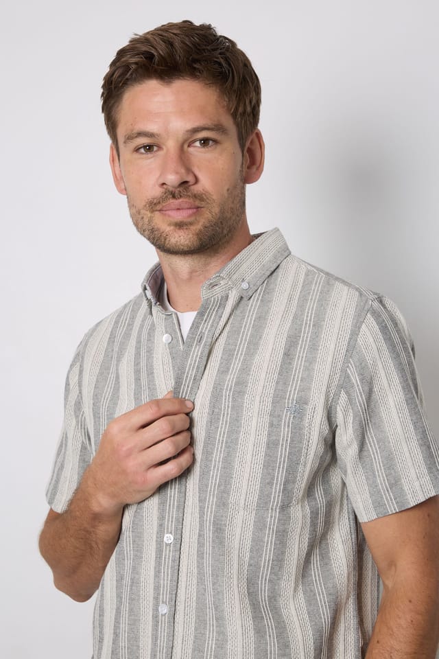 Maine Maine Men's Light Blue Textured Stripes Short Sleeve Button Down Shirt - 2