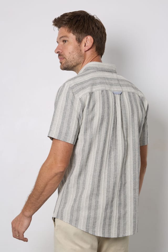 Maine Maine Men's Light Blue Textured Stripes Short Sleeve Button Down Shirt - 3