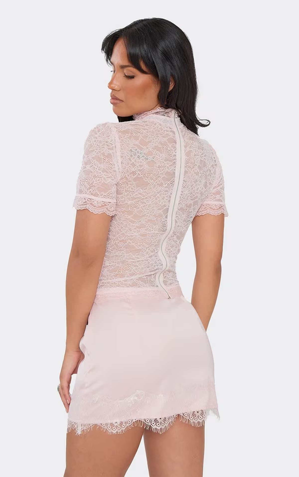 EGO Short Sleeve High Neck Top In Baby Pink Lace, Women's Size UK 6