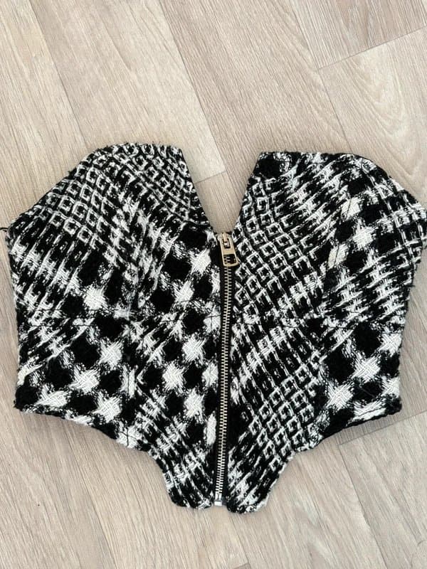 Bershka Bershka Black & White Tweed Corset Top Zip Front Size M