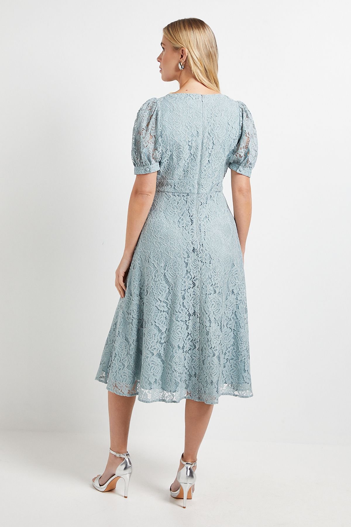 Wallis Wallis Women's Petite Lace V Neck Tea Midi Dress in Turquoise - 3