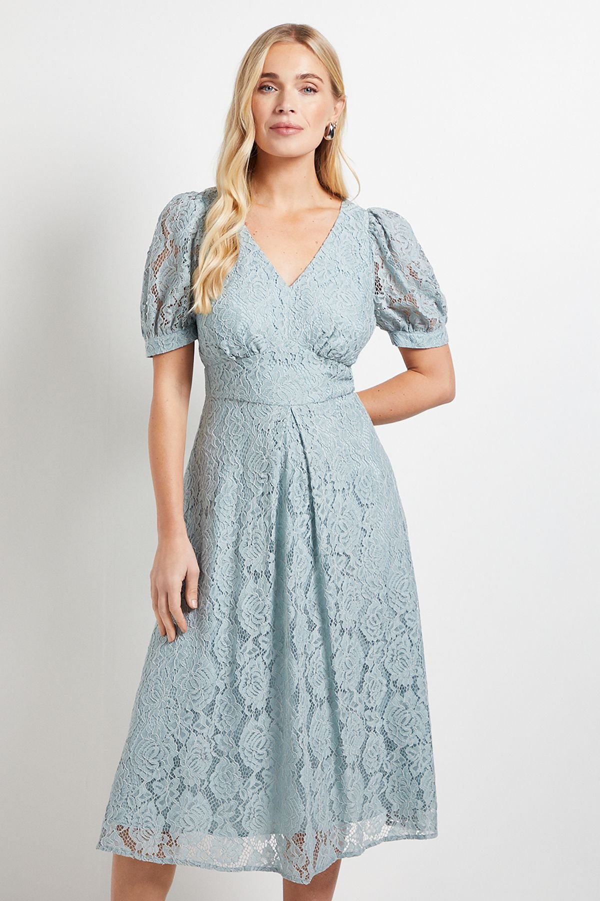 Wallis Wallis Women's Petite Lace V Neck Tea Midi Dress in Turquoise - 4