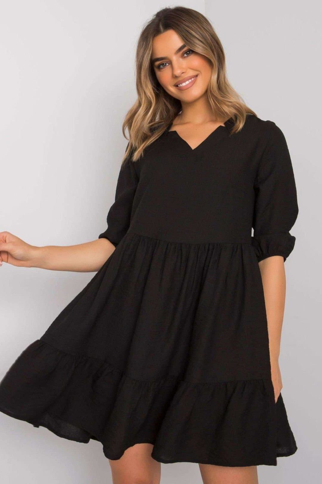 Love Lace Love Lace Women's Loose Fit 3/4 Sleeve Frill Hem Dress in Black