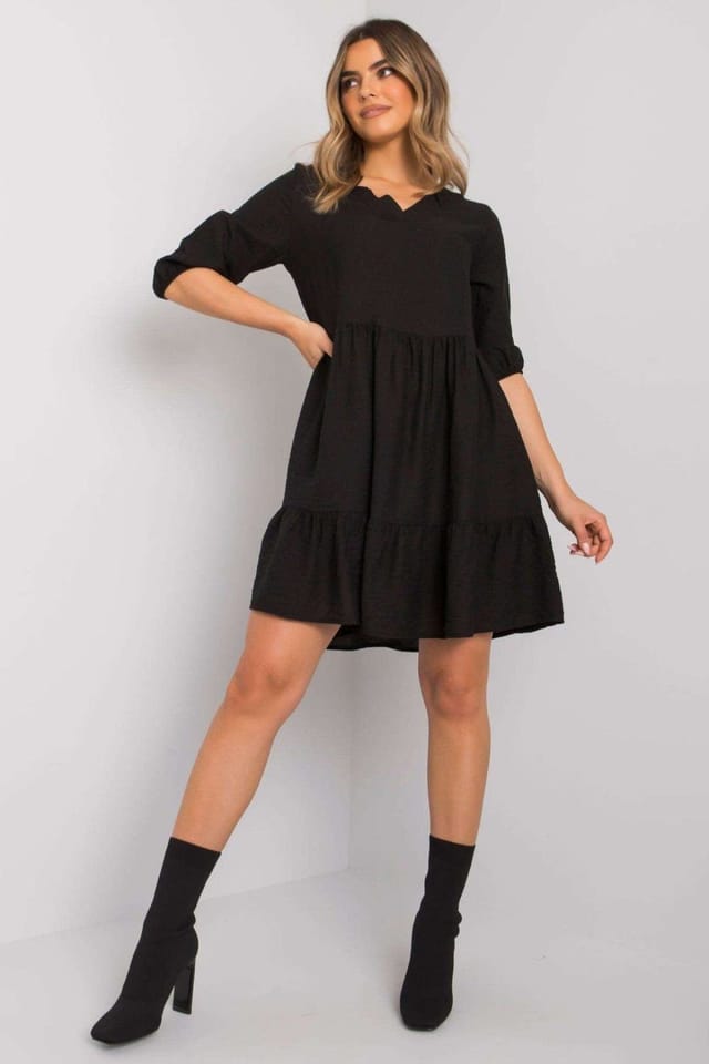 Love Lace Love Lace Women's Loose Fit 3/4 Sleeve Frill Hem Dress in Black - 2
