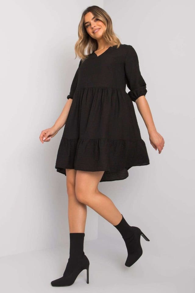 Love Lace Love Lace Women's Loose Fit 3/4 Sleeve Frill Hem Dress in Black - 3