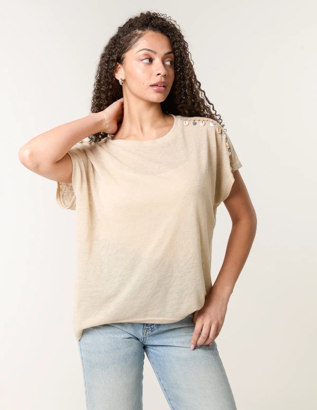 Blue Vanilla Stone Shell Trim Oversized Top