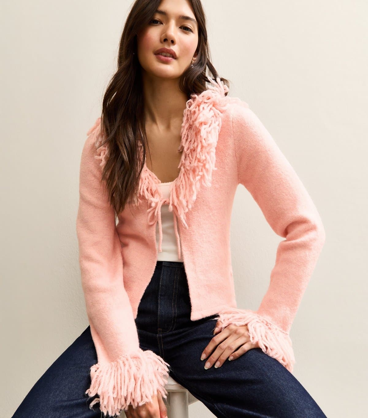 New Look Women's Light Pink Tie Front Fringe Cardigan New Look