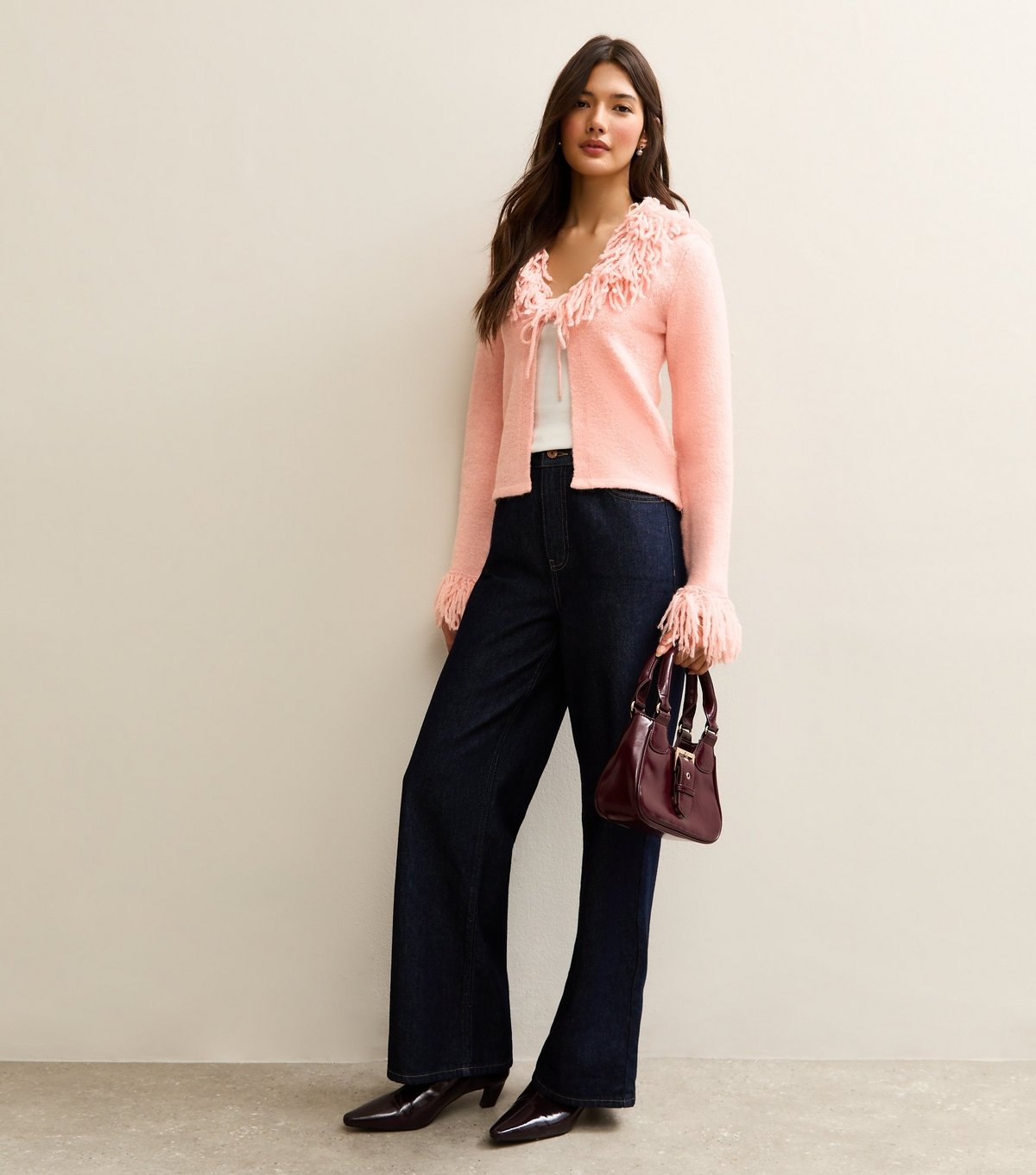 New Look Women's Light Pink Tie Front Fringe Cardigan New Look - 3