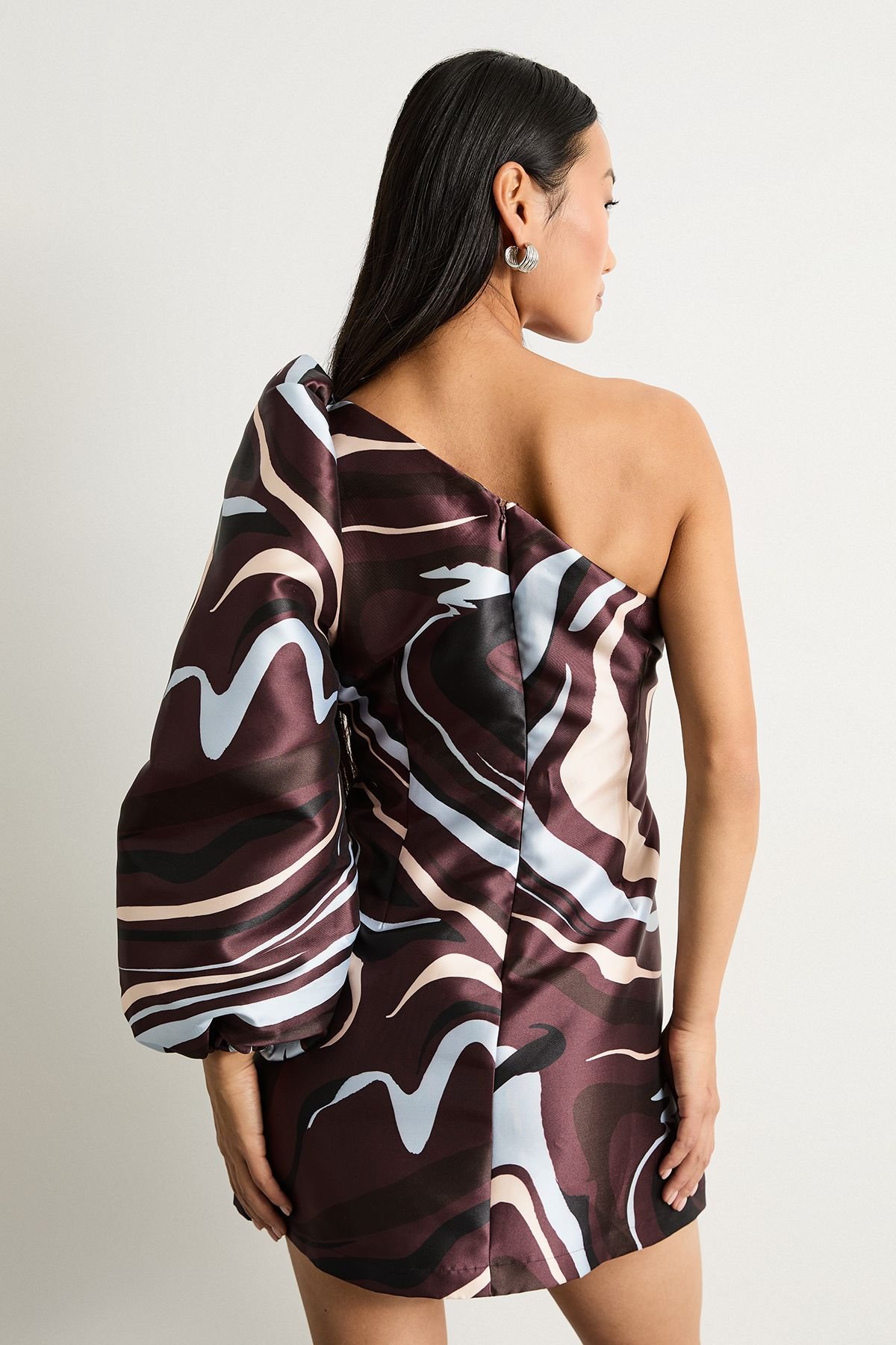 Warehouse Warehouse Women's Petite Printed One Shoulder Puff Sleeve Mini Dress in Brown - 3