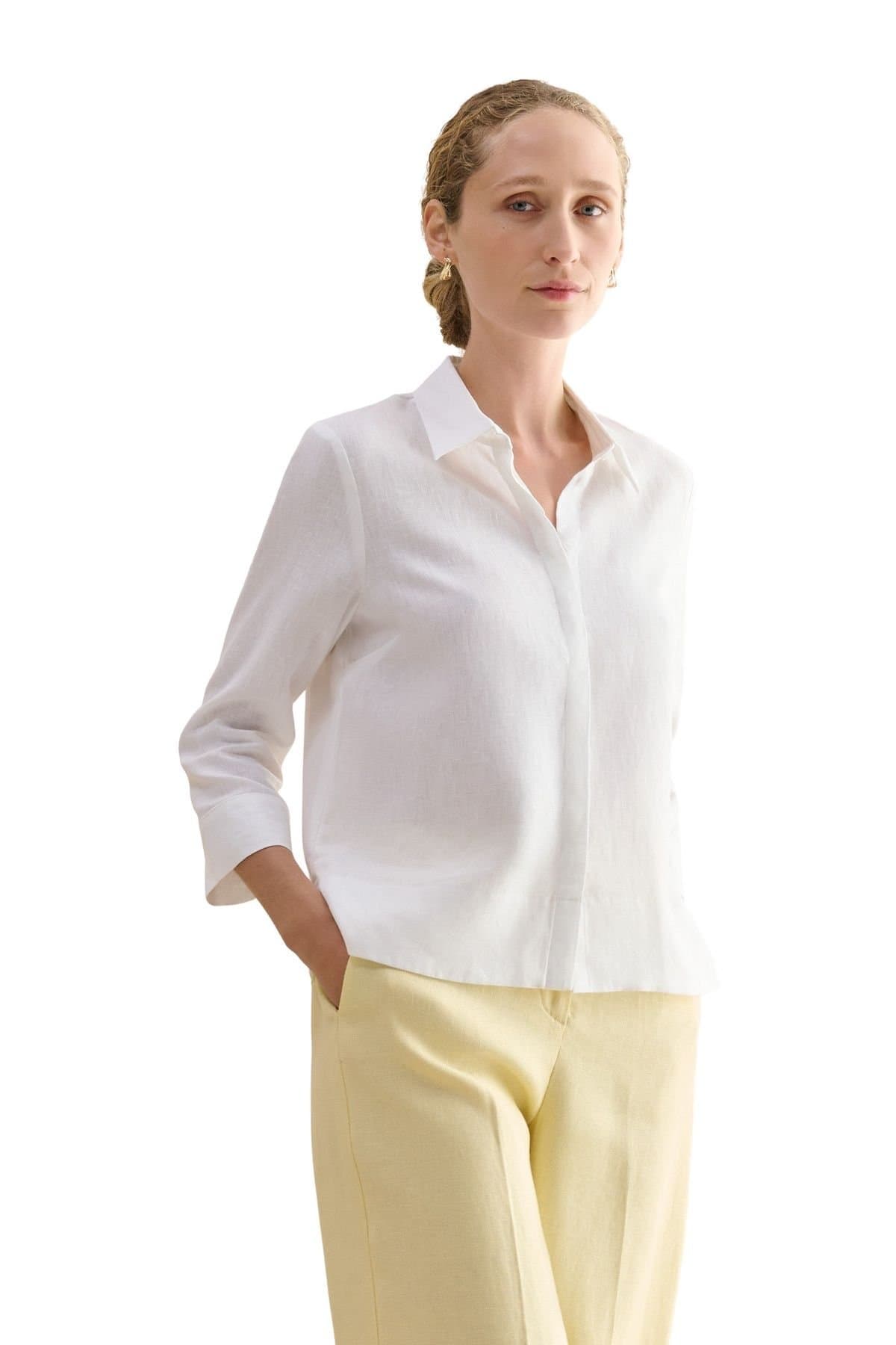 Hobbs London Hobbs London Women's Nita 3/4 Sleeve Button Up Linen Shirt in Natural White