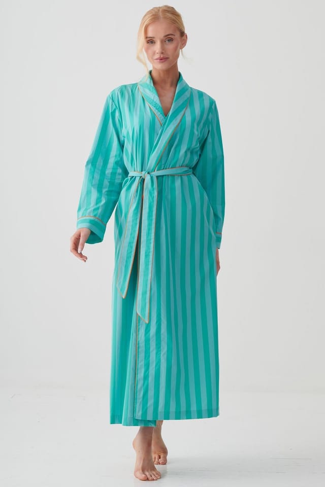 British Boxers British Boxers Women's "New York Turquoise Stripe" Crisp Cotton Dressing Gown - 2