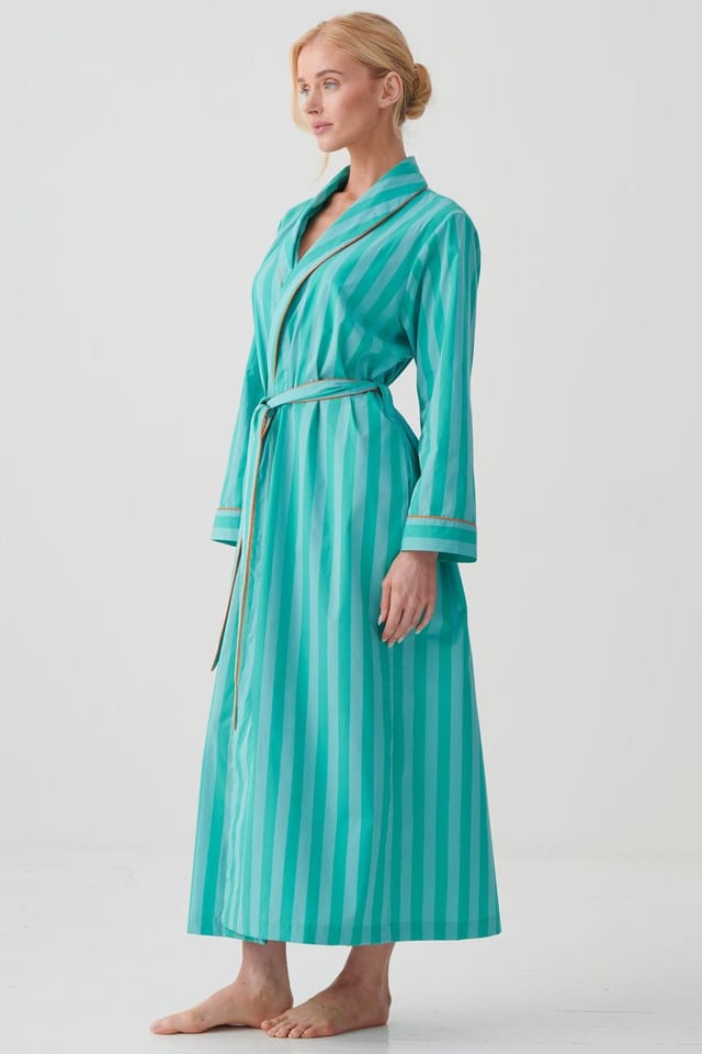 British Boxers British Boxers Women's "New York Turquoise Stripe" Crisp Cotton Dressing Gown - 3