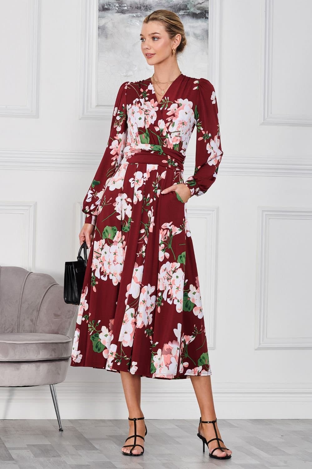 Jolie Moi Jolie Moi Women's Kamille Long Sleeve Maxi Dress in Dark Red