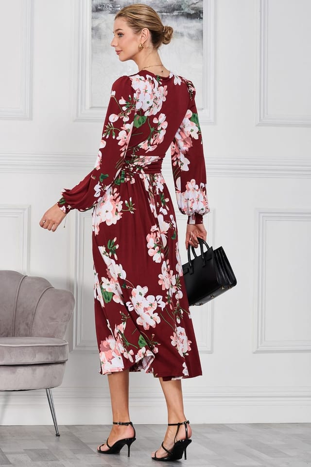 Jolie Moi Jolie Moi Women's Kamille Long Sleeve Maxi Dress in Dark Red - 2