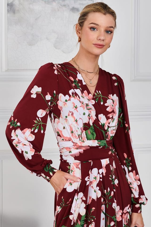 Jolie Moi Jolie Moi Women's Kamille Long Sleeve Maxi Dress in Dark Red - 3