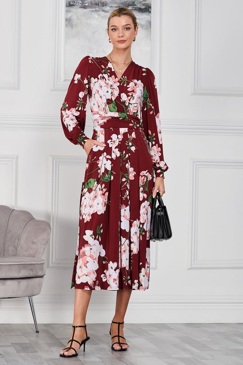 Jolie Moi Jolie Moi Women's Kamille Long Sleeve Maxi Dress in Dark Red - 4