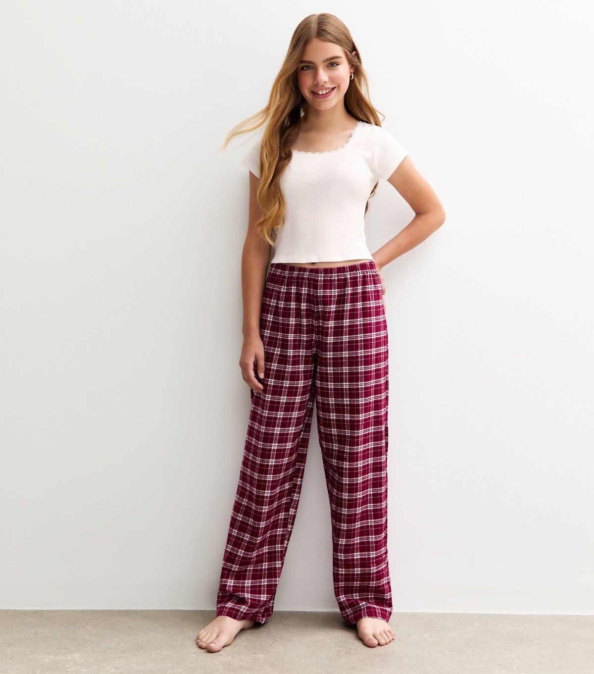 New Look Girls' White Short Sleeve Top and Burgundy Checked Trousers Pyjamas Set New Look