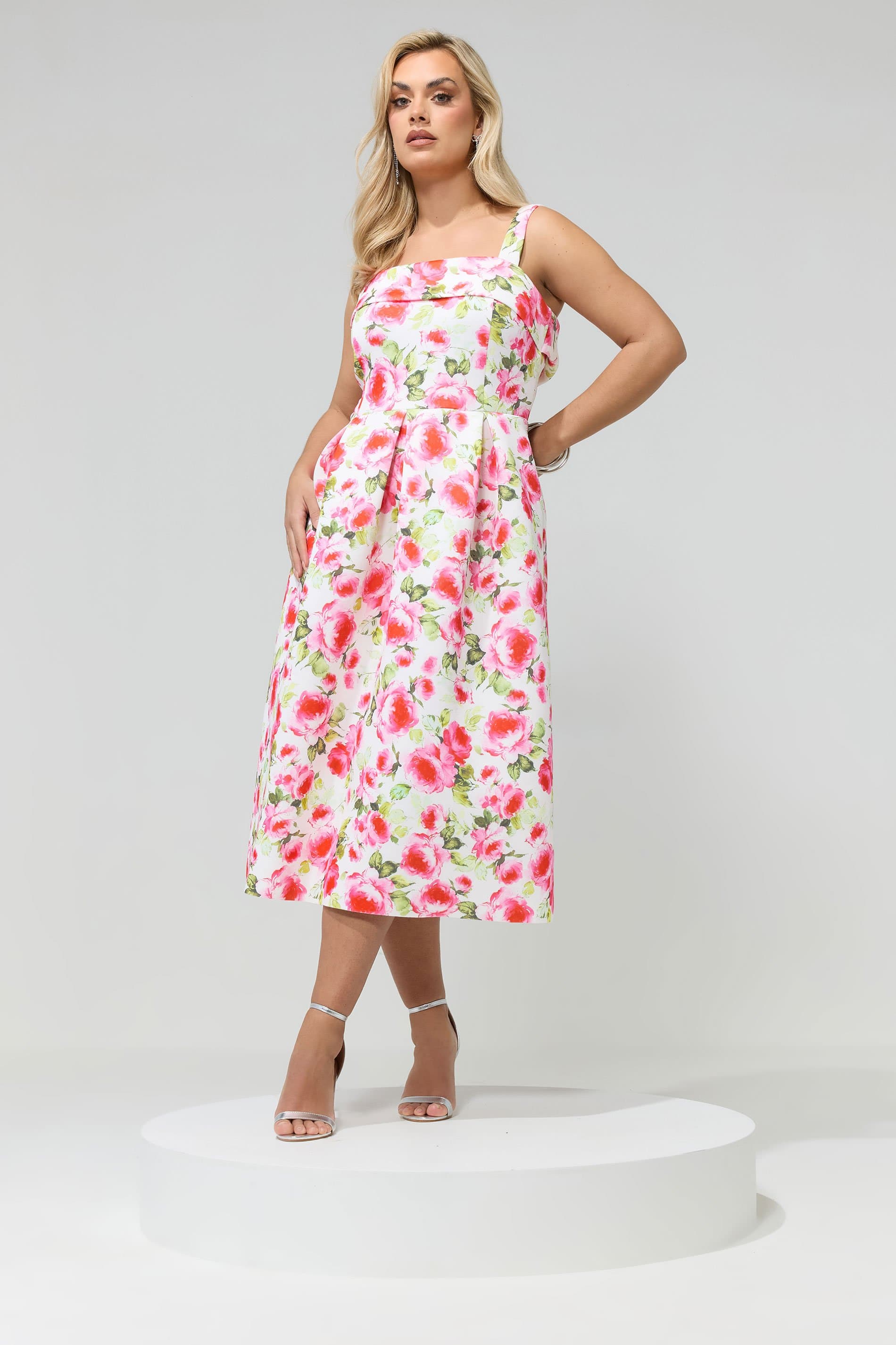 Yours London Plus Size White Floral Square Neck Midi Dress