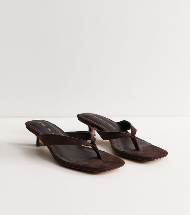 New Look Women's Premium Real Suede Dark Brown Toe Post Kitten Heel Mules New Look - 3