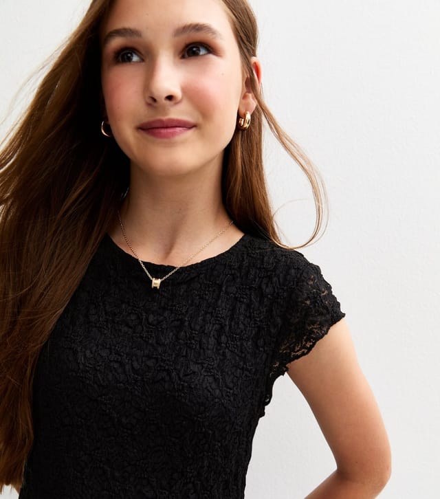 New Look Girls' Black Asymmetric Hem Lace Top New Look - 2