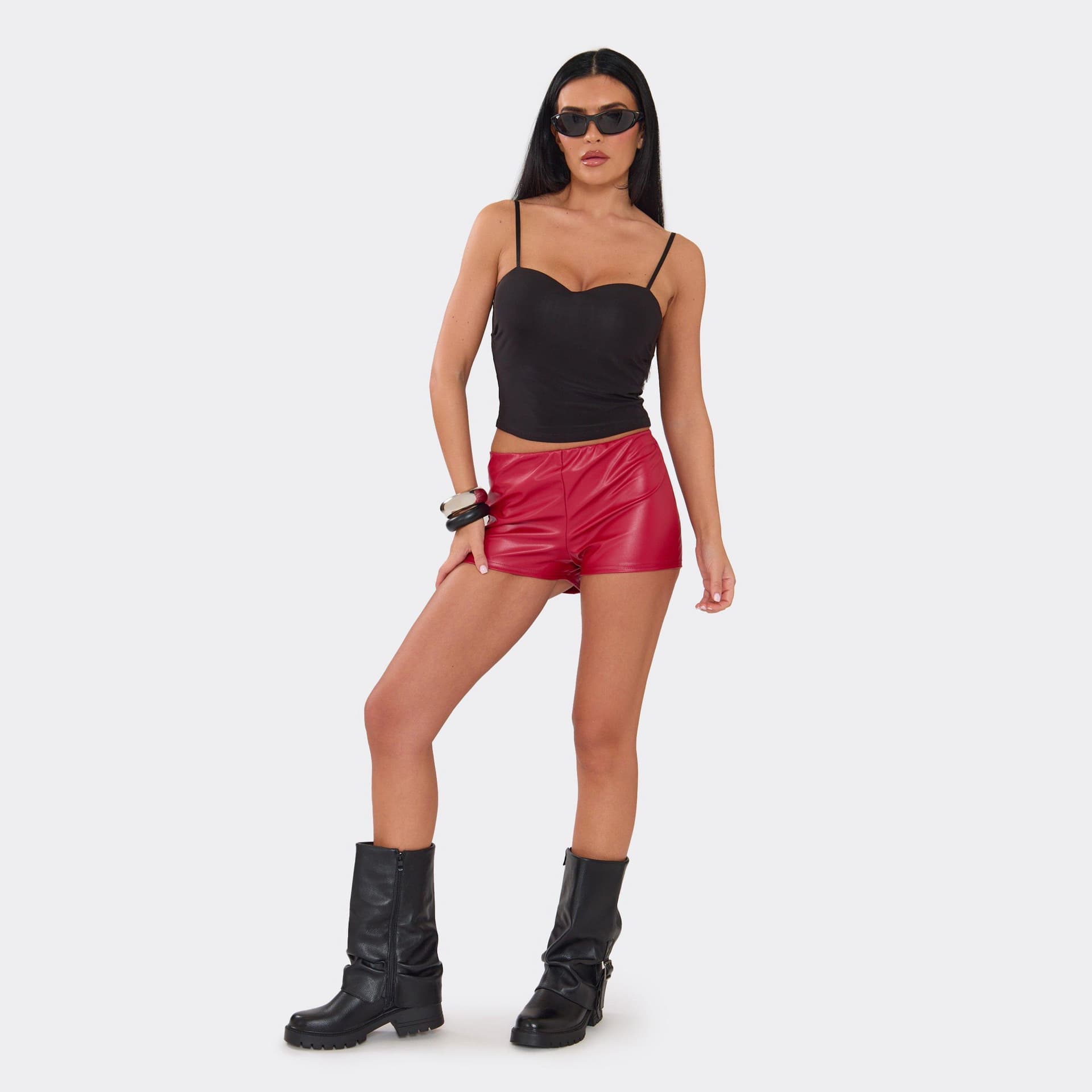 EGO EGO Red Faux Leather Mid-Rise Hotpant Shorts