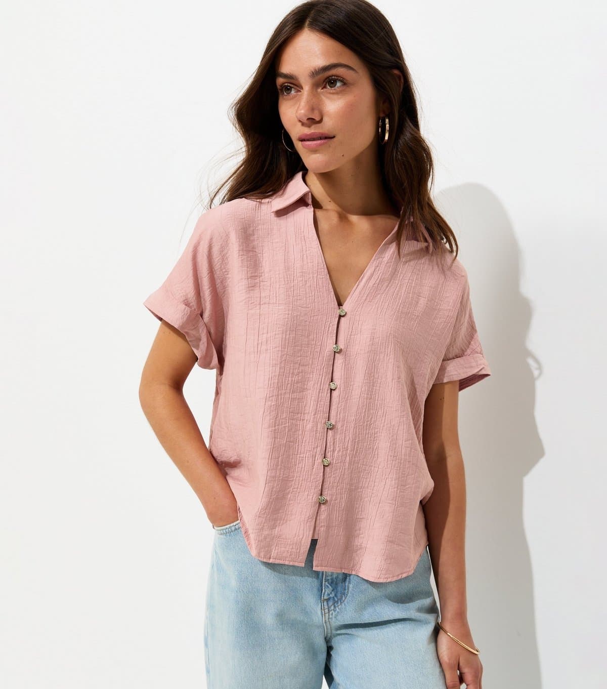 New Look Women's Petite Light Pink Short Sleeve Shirt New Look