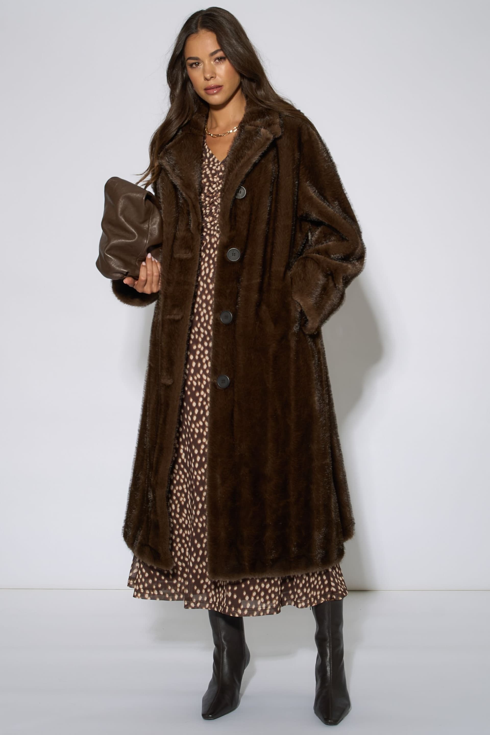 Gini London Gini London Women's Brown 2 Tone Maxi Faux Fur Coat Jacket