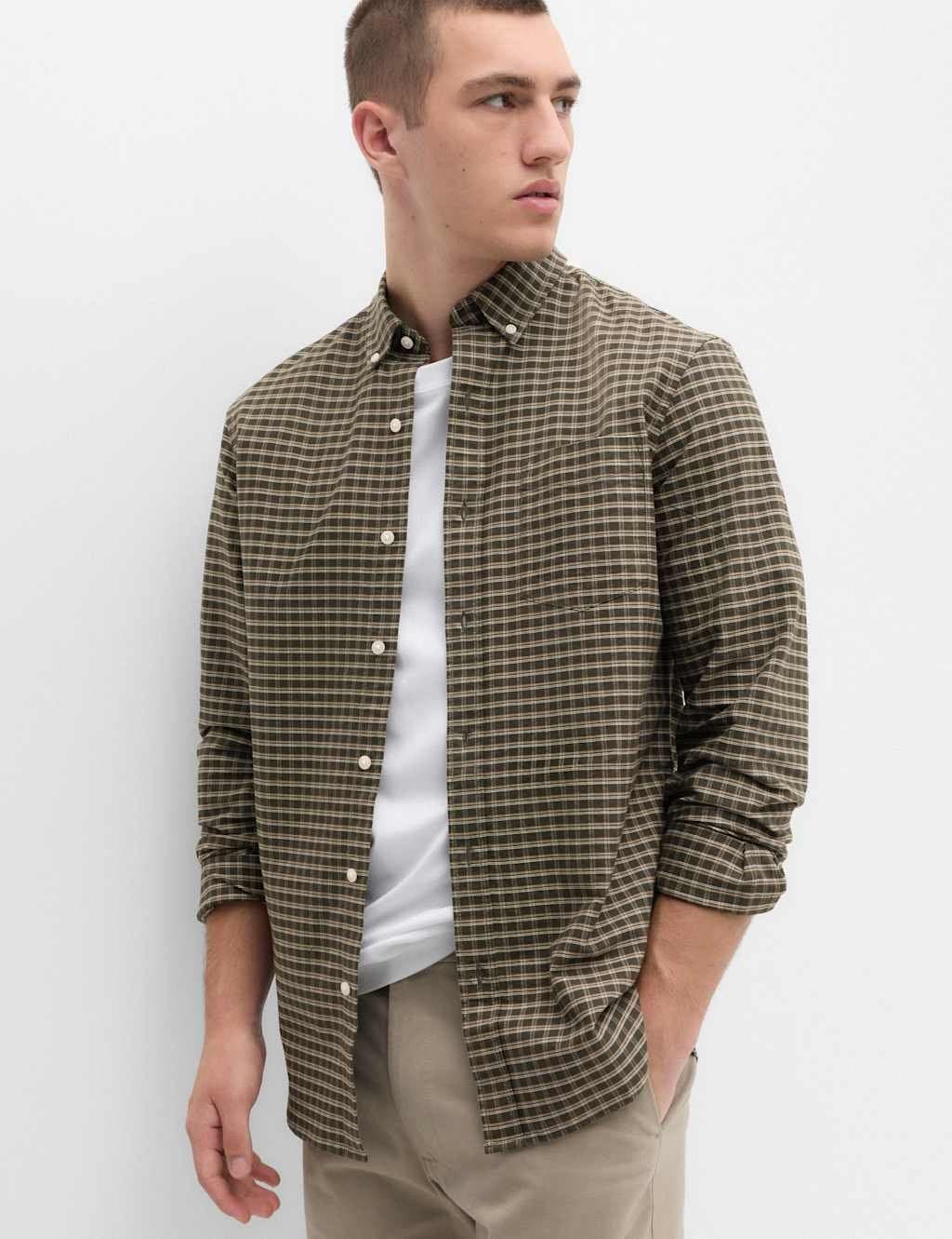 Marks & Spencer M&S Ultimate Pure Cotton Check Oxford Shirt Khaki Mix