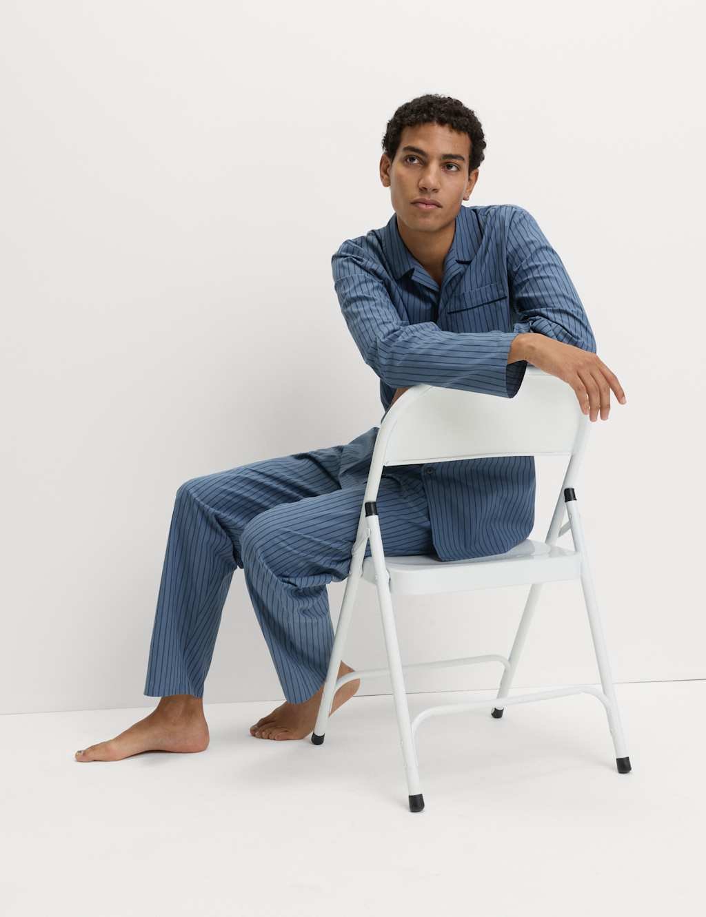 Marks & Spencer M&S Pure Cotton Striped Pyjama Set Blue - 2