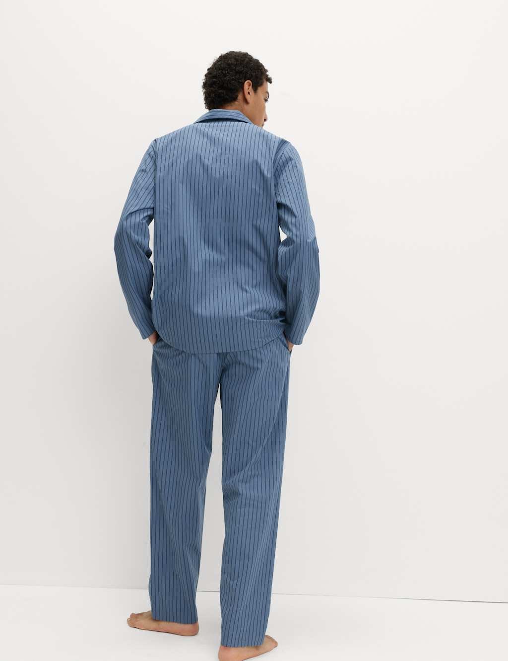 Marks & Spencer M&S Pure Cotton Striped Pyjama Set Blue - 4