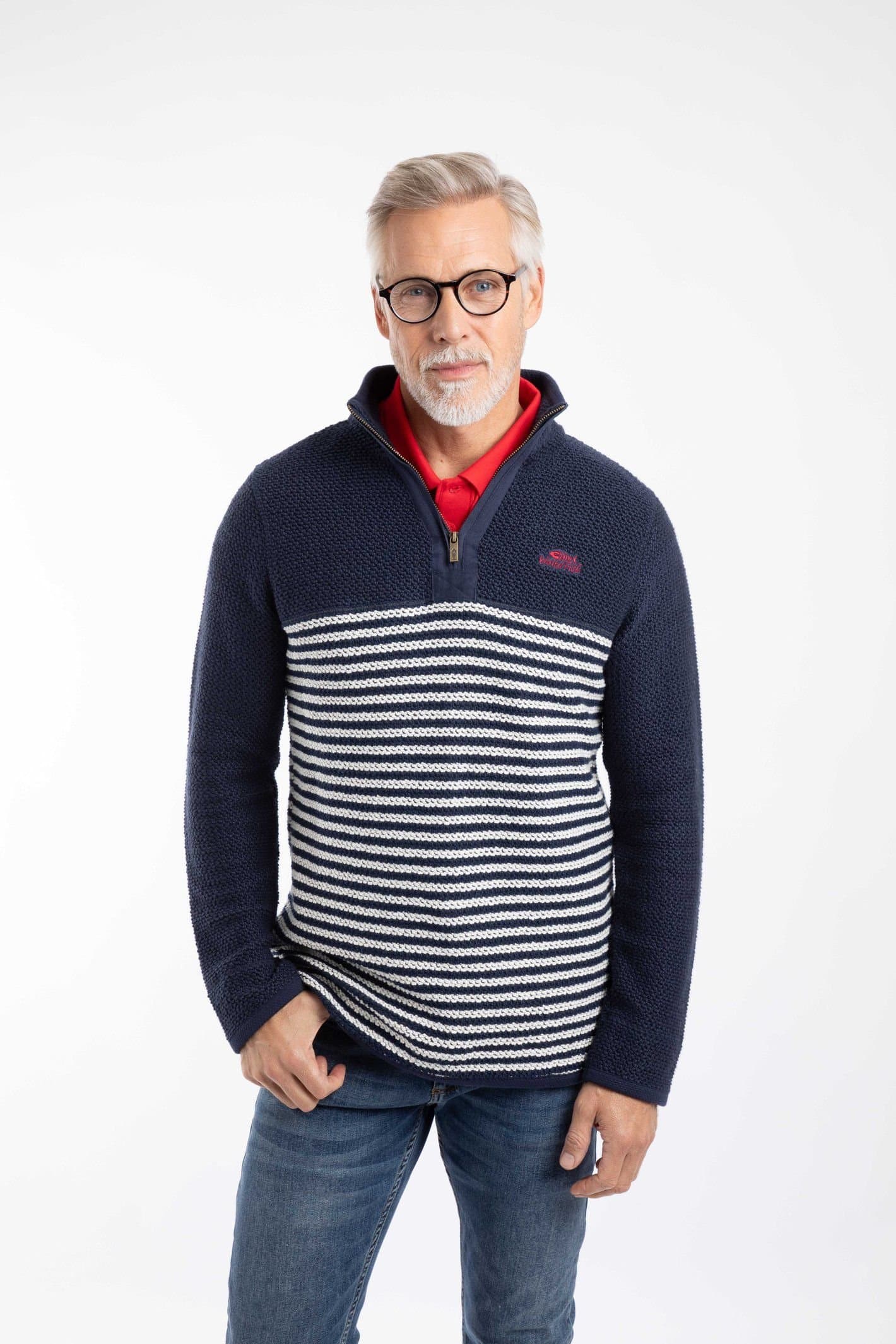 Weird Fish Weird Fish Men's Gable 1/4 Zip Striped Macaroni Sweatshirt Rich in Mid Navy