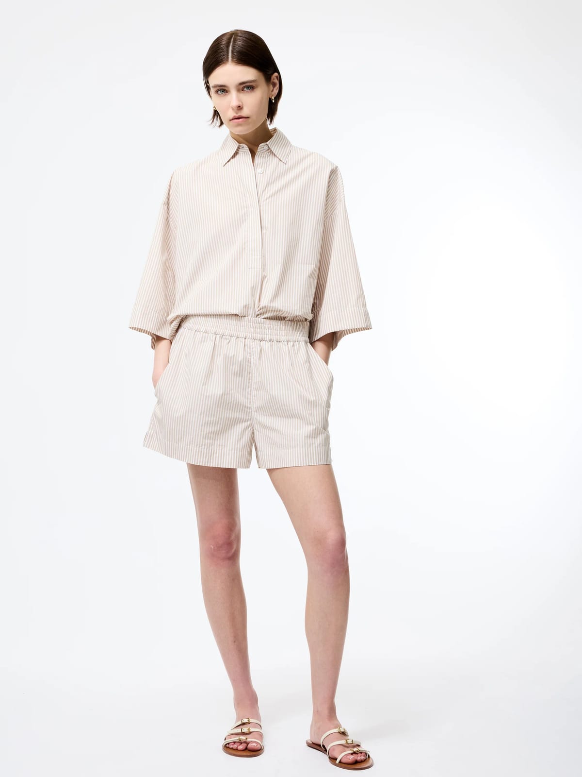 French Connection Rhodes Poplin Stripe Pull-On Shorts Incense/Porcelain Cream - 1