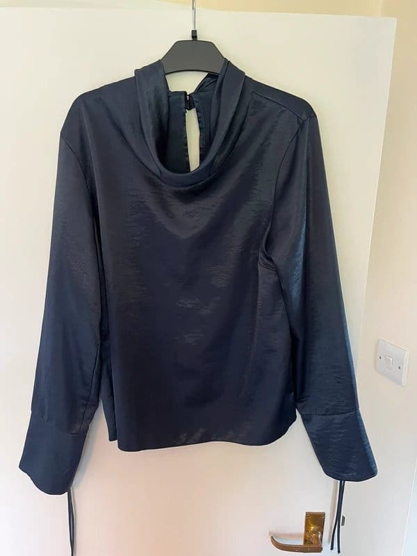 Topshop Navy Satin Cowl Neck Long Sleeve Top