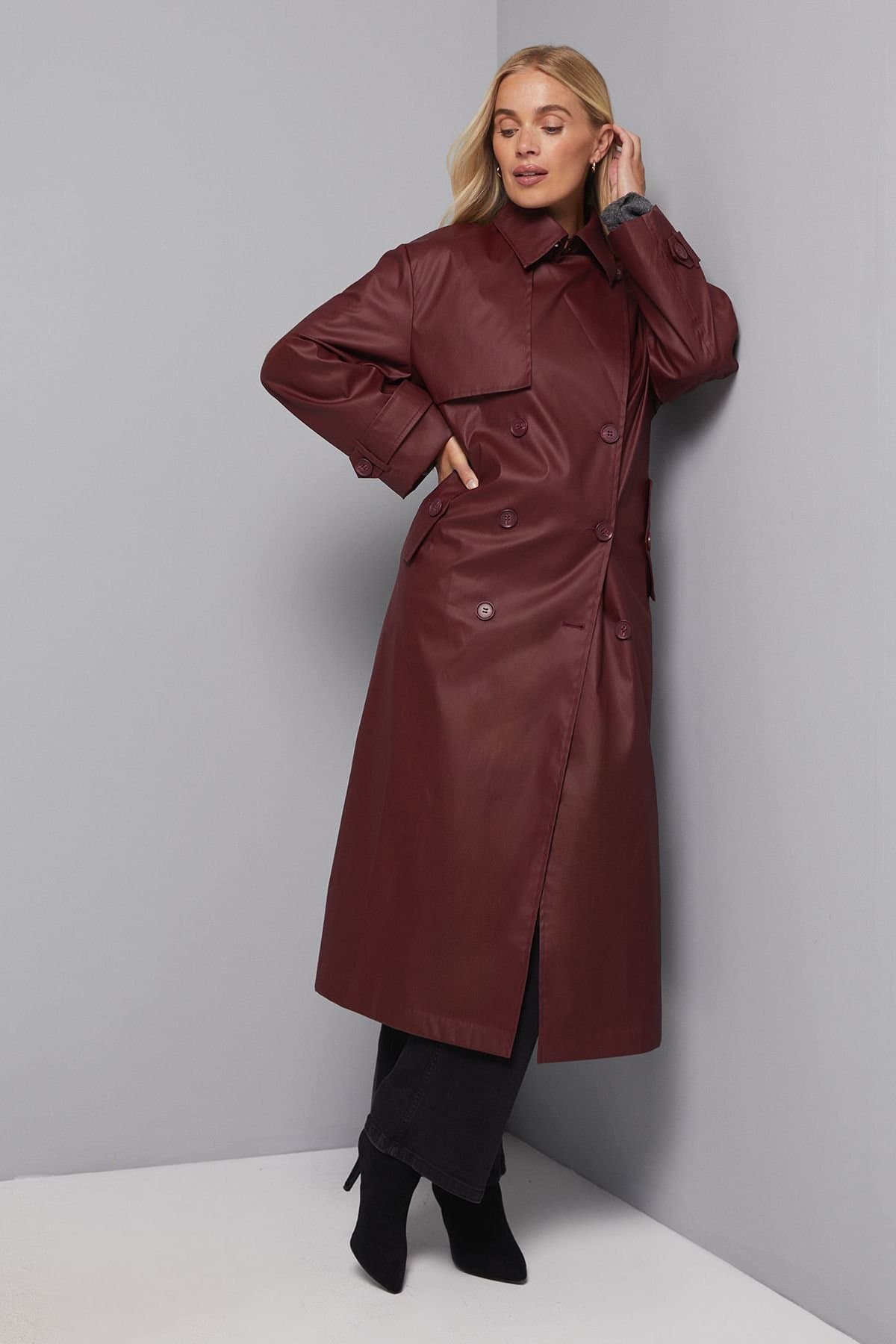 Wallis Wallis Women's Petite A Line Inverted Box Pleat Back Mac in Berry
