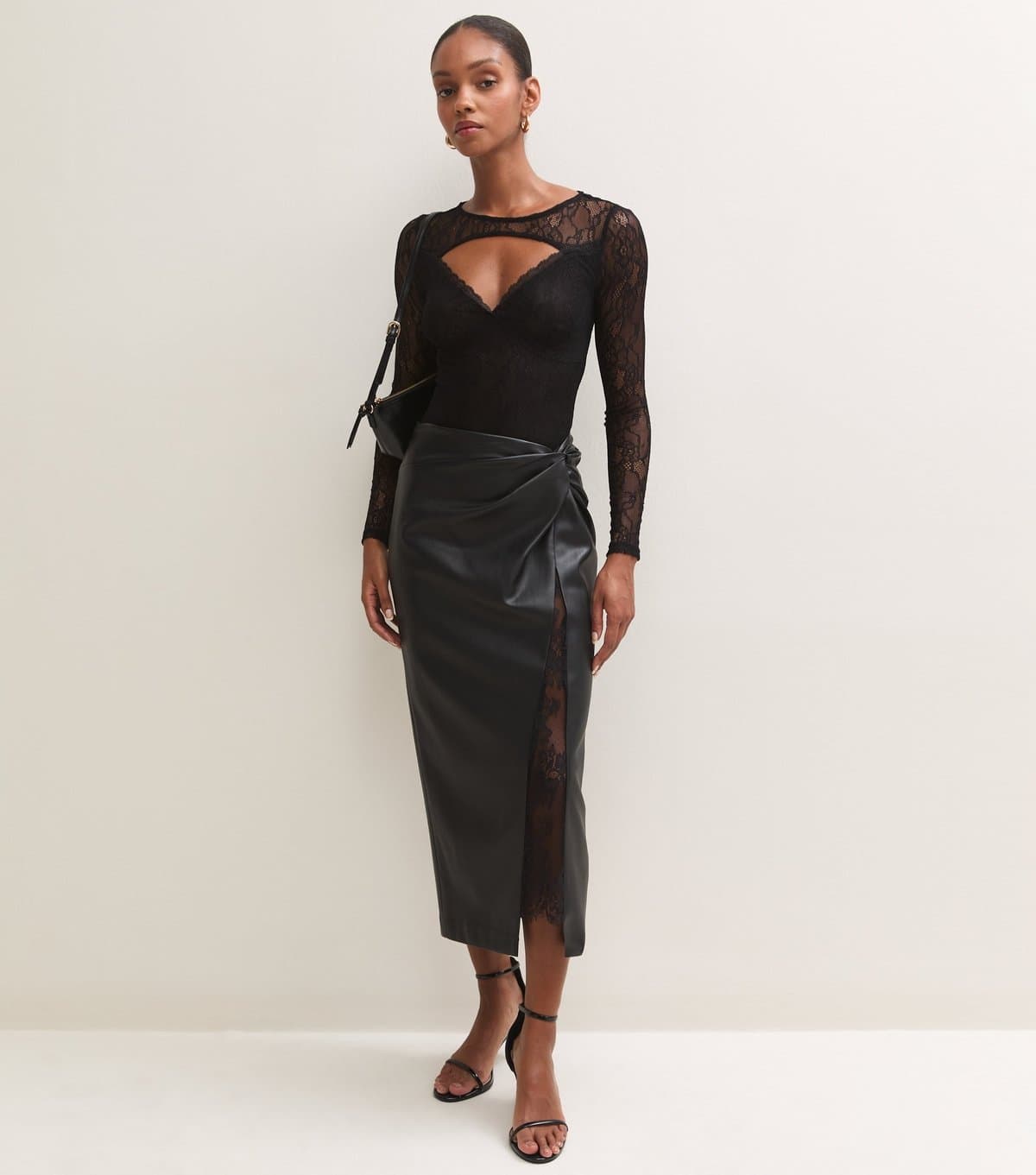 New Look Women's Black Faux Leather Front Twist Lace Split Midi Pencil Skirt New Look