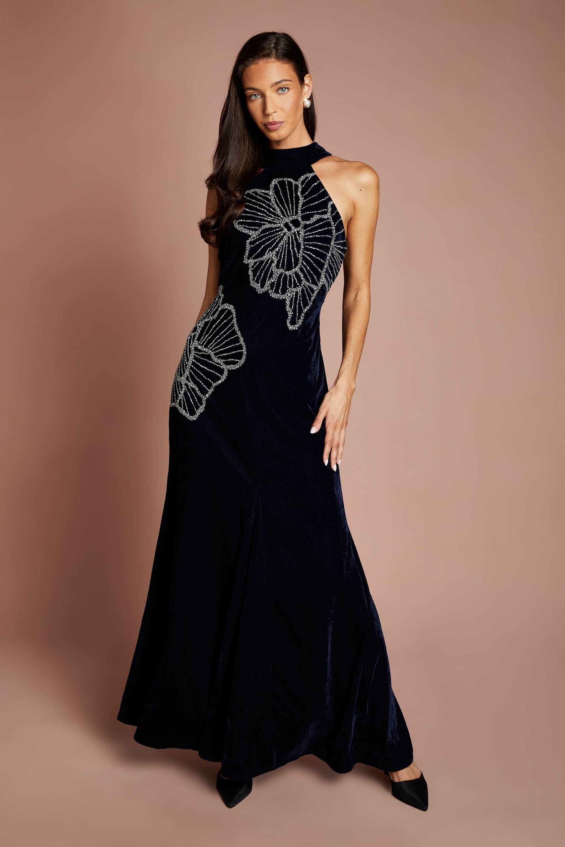 Coast Coast Women's Velvet Halter Neck Embellished Floral Maxi Dress in Navy