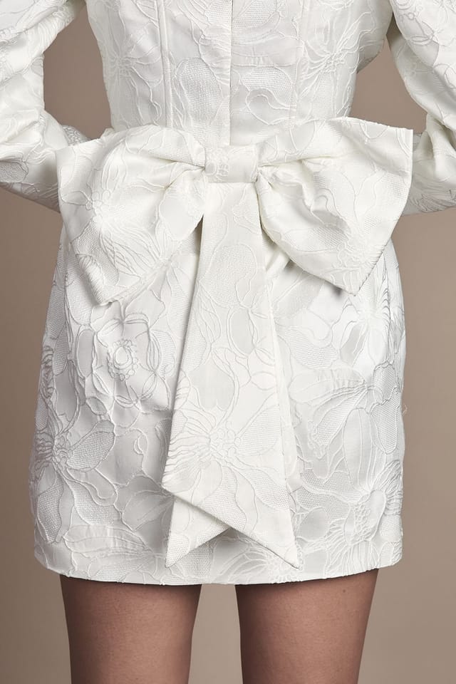 Coast Coast Women's Long Sleeve Square Neck Jacquard Mini Wedding Dress with Bow Detail in White - 2