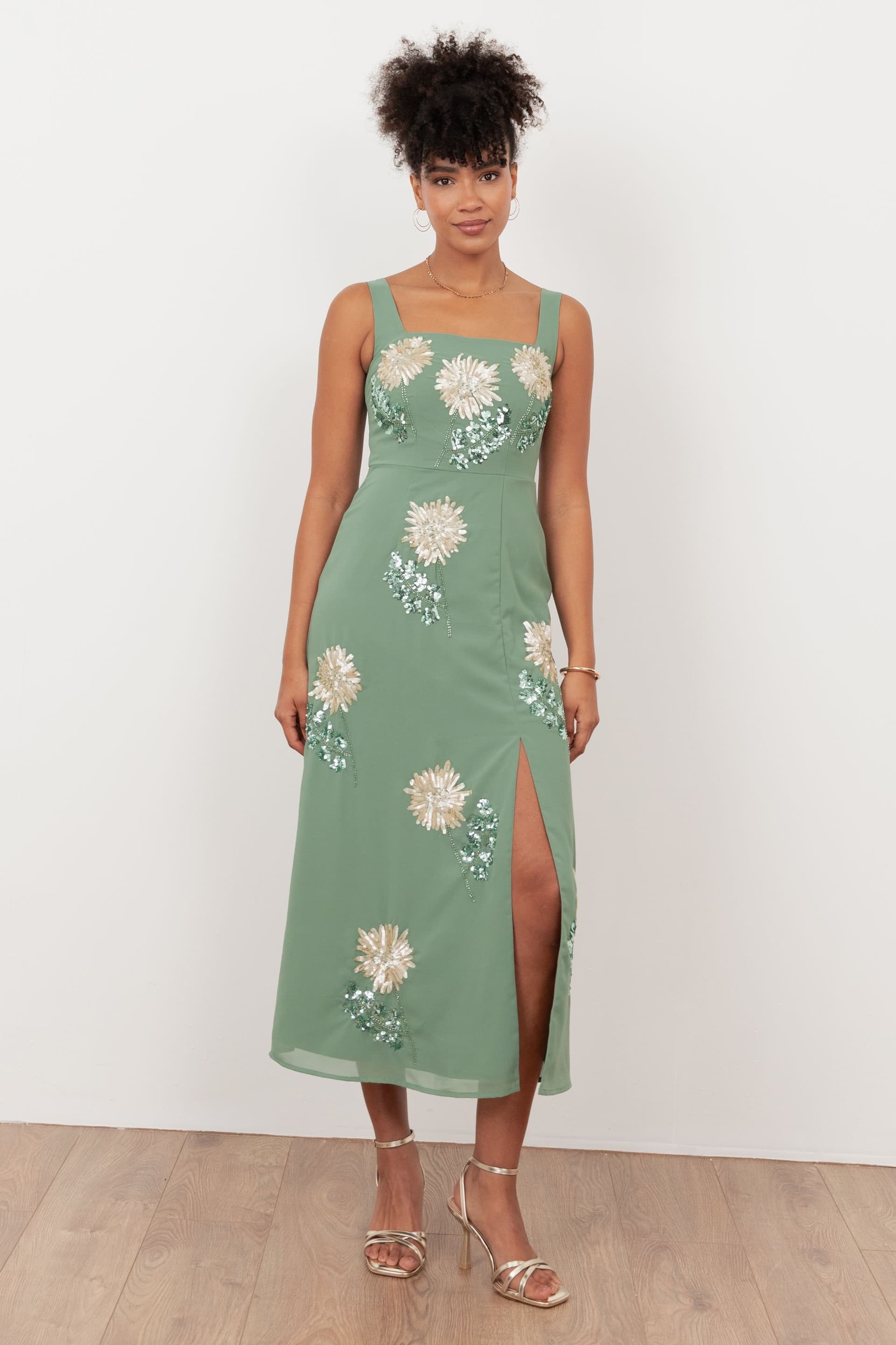 Maya Deluxe Maya Deluxe Women's Floral Embellished Square Neck Midaxi Dress in Light Green