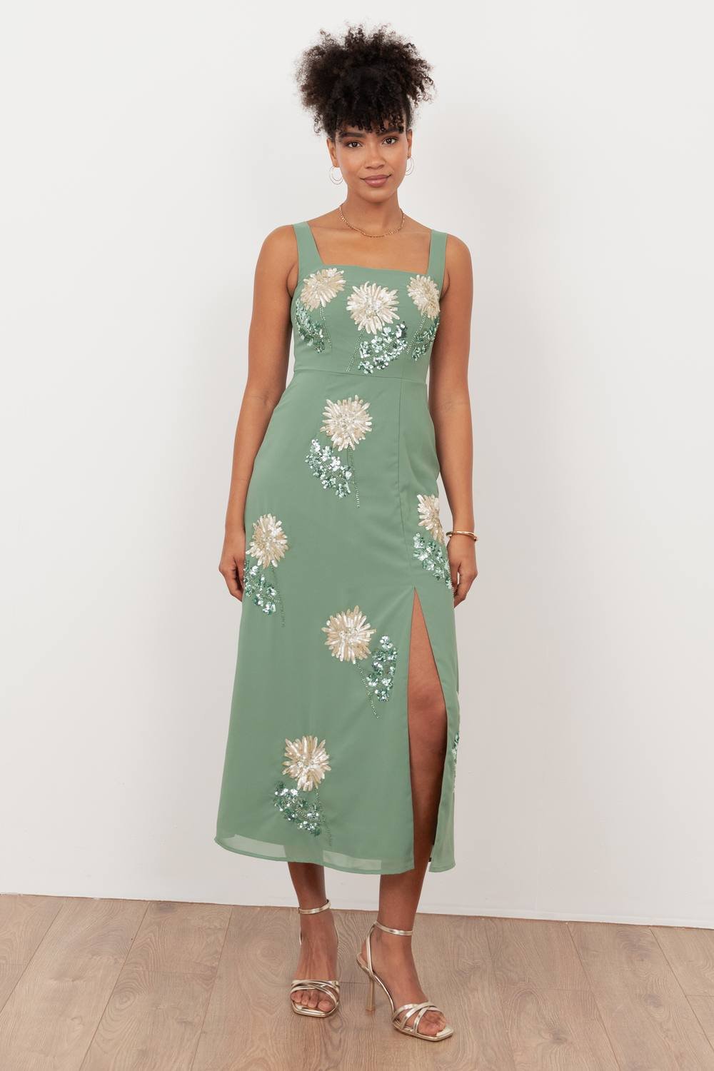 Maya Deluxe Maya Deluxe Women's Floral Embellished Square Neck Midaxi Dress in Light Green - 3