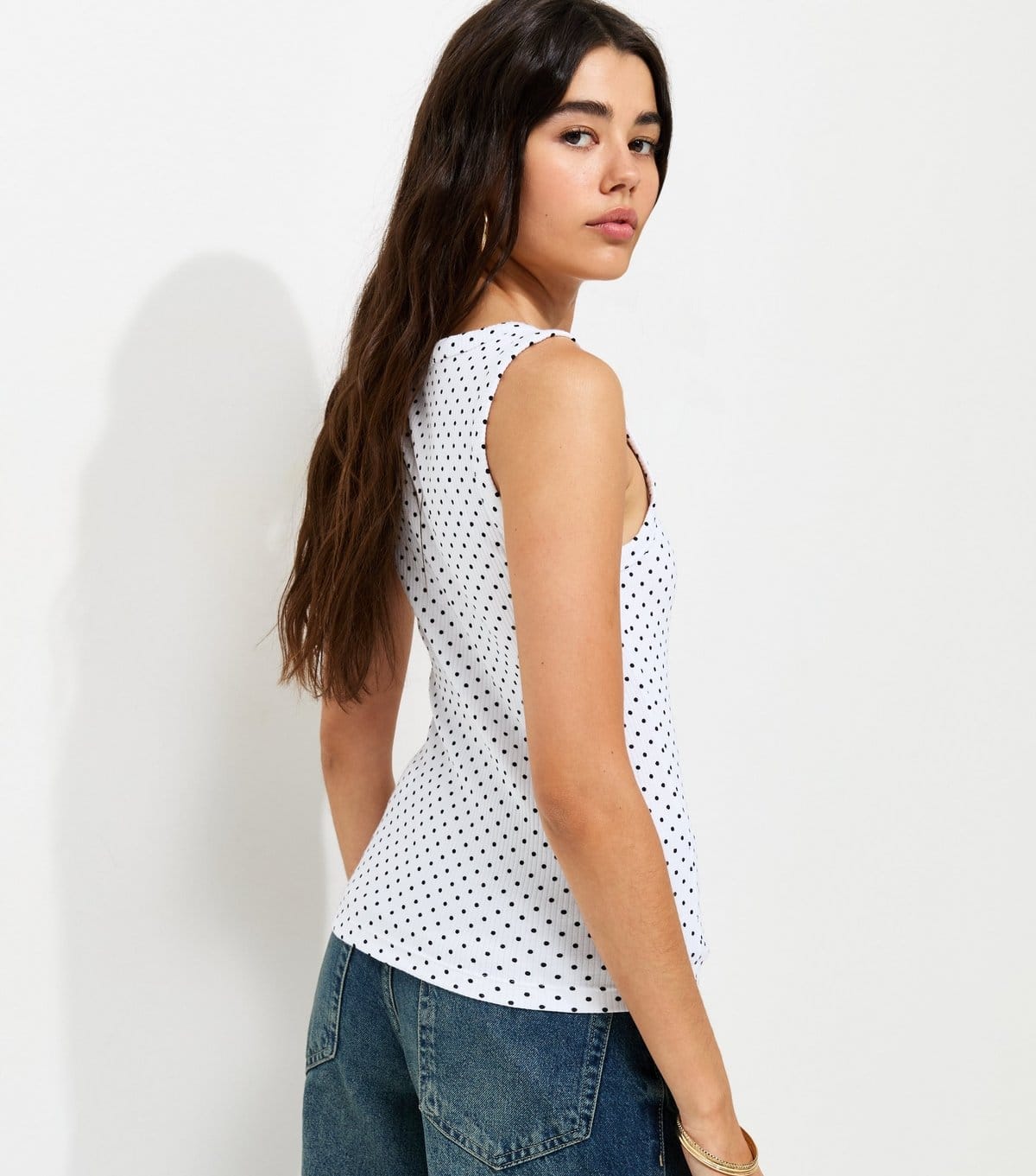 New Look Women's White Cotton Rich Spot Print Square Neck Vest Top New Look - 4