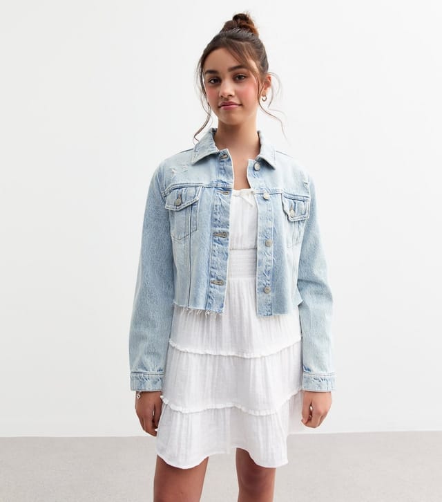 New Look Girls' Bright Blue Cropped Distressed Denim Jacket New Look - 2