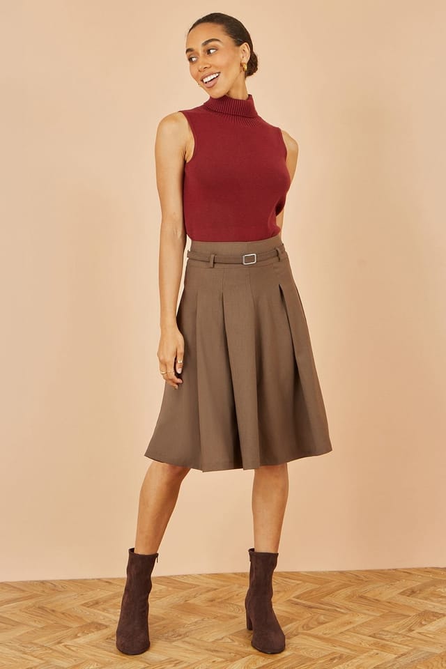 Yumi Yumi Women's Brown Pleated Midi Skirt With Matching Belt - 3