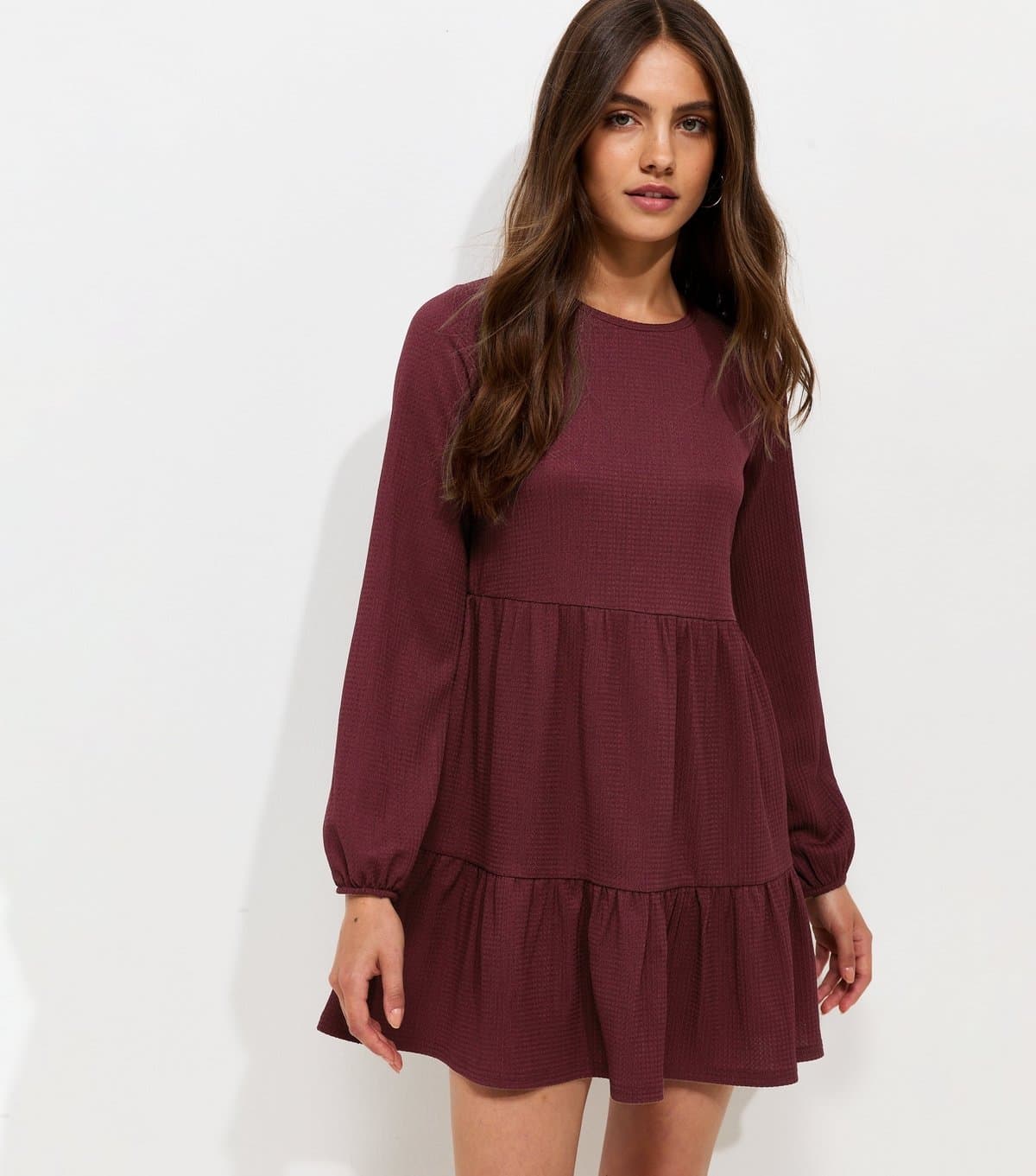 New Look Women's Dark Burgundy Crinkled Long Sleeve Smock Mini Dress New Look